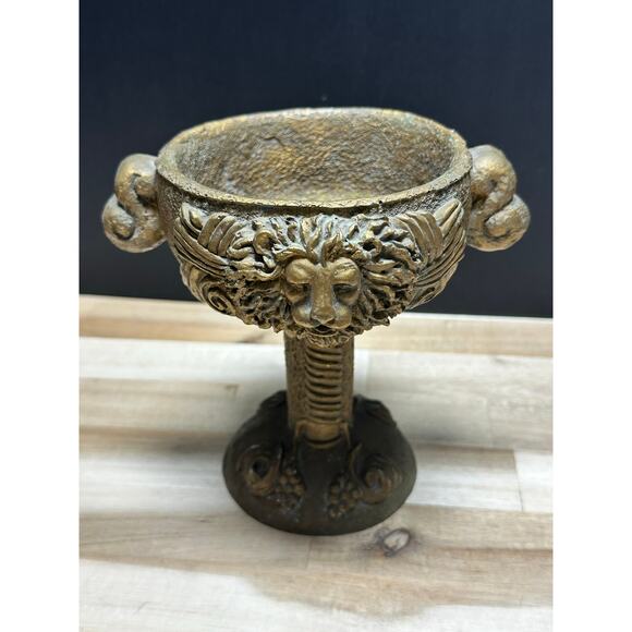 Lion Head Pedestal Chalice Urn Goblet Old World Tuscan Style Gold Resin Decor - Picture 2 of 8
